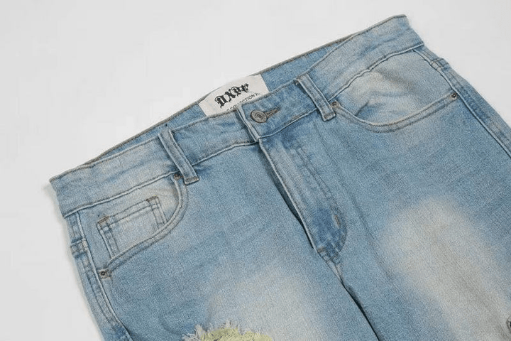 Destroyed Zipper Straps Washed Distressed Jeans - MRSLM