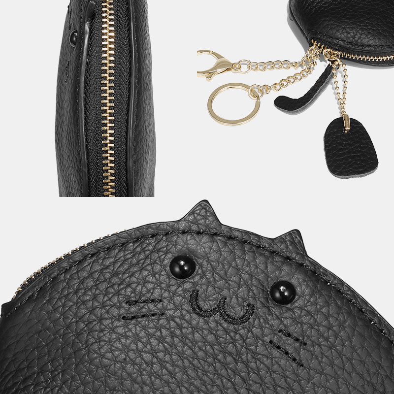 Women Genuine Leather Casual Cute Animal Cat Pattern Mini Hanging Coin Bag Storage Bag - MRSLM