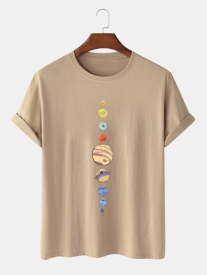 Mens Cartoon Planets Print 100% Cotton O-Neck Short Sleeve T-Shirt - MRSLM