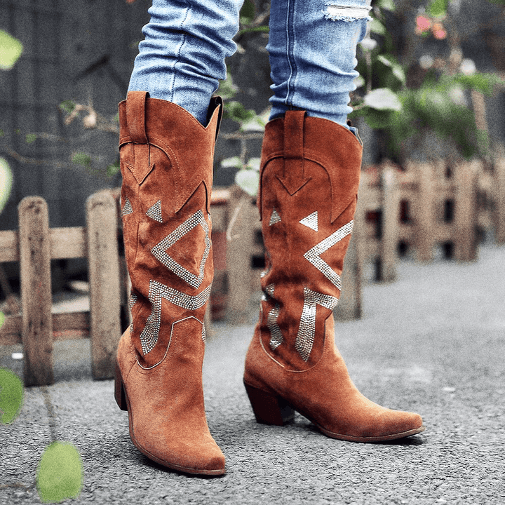 Plus Size Women Suede Rhinestone Chunky Heel Knee Cowboy Boots - MRSLM