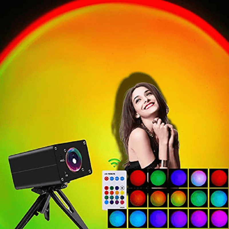 DC5V 16 Colors Sunset Projector Light Atmosphere Floor Lamp Rainbow Projection for Background Wall Room Decor Night Light with Remote Control - MRSLM