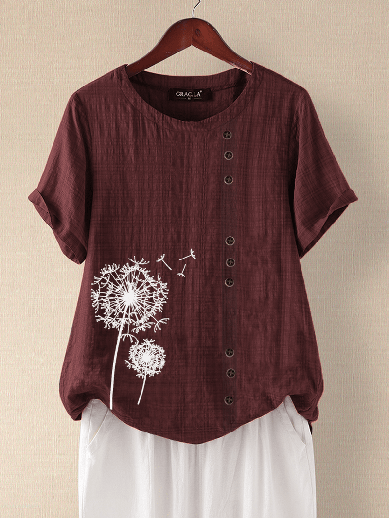 Floral Print Plaid Short Sleeve Overhead O-Neck Casual T-Shirt - MRSLM