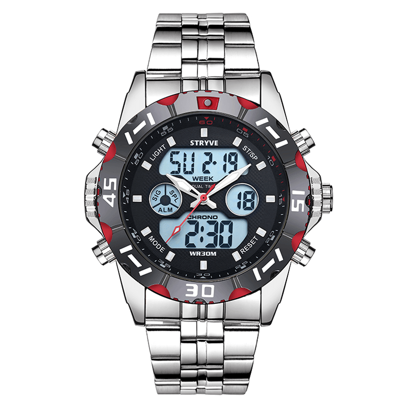 STRYVE S8011 Chronograph Alarm Calendar Stainless Steel Sport Dual Display Digital Watch - MRSLM