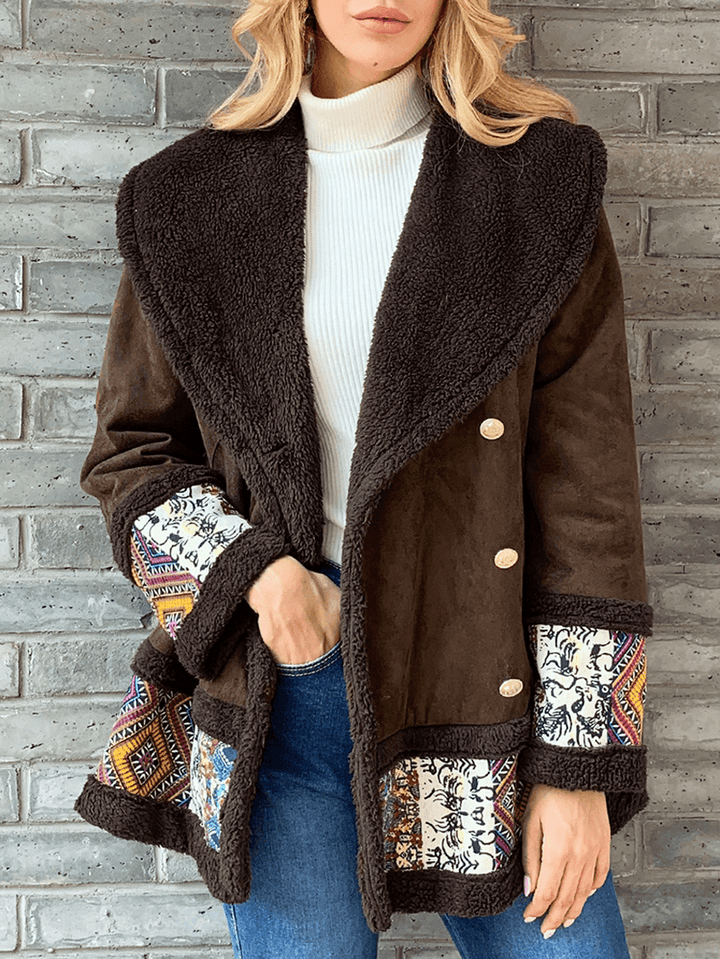 Casual Patch Print Faux Suede Double-Breasted Winter Coats - MRSLM