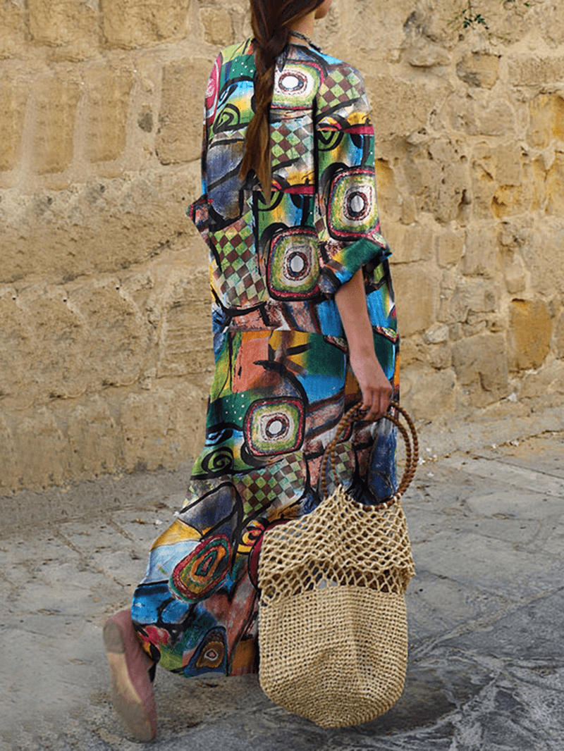 Women Ethnic Abstract Print Long Sleeve Bohemian Maxi Dress - MRSLM