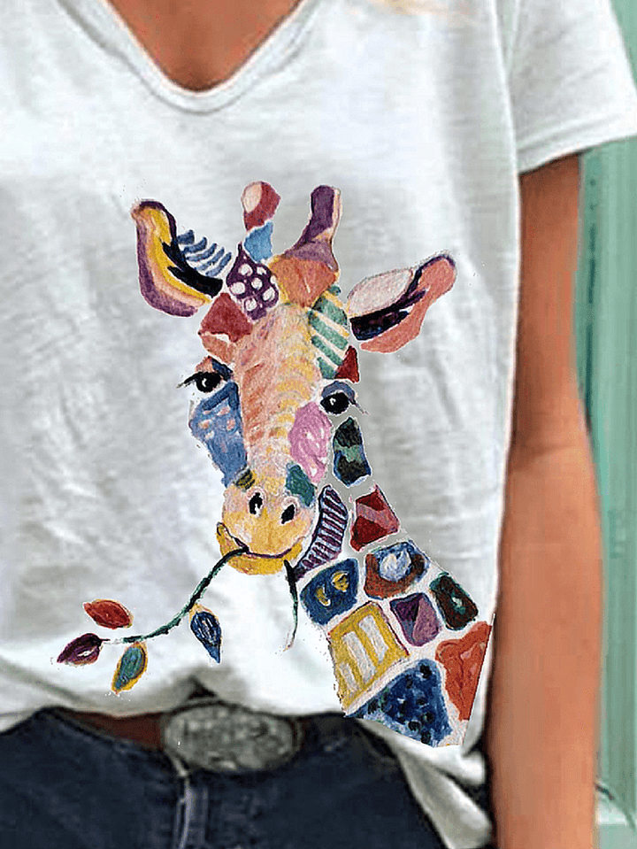 Cartoon Giraffe Animal Print V-Neck Short Sleeve Loose T-Shirts for Women - MRSLM
