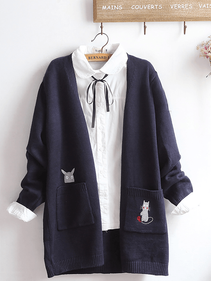 Embroidery Cat Knit Long Sweater Cardigans - MRSLM