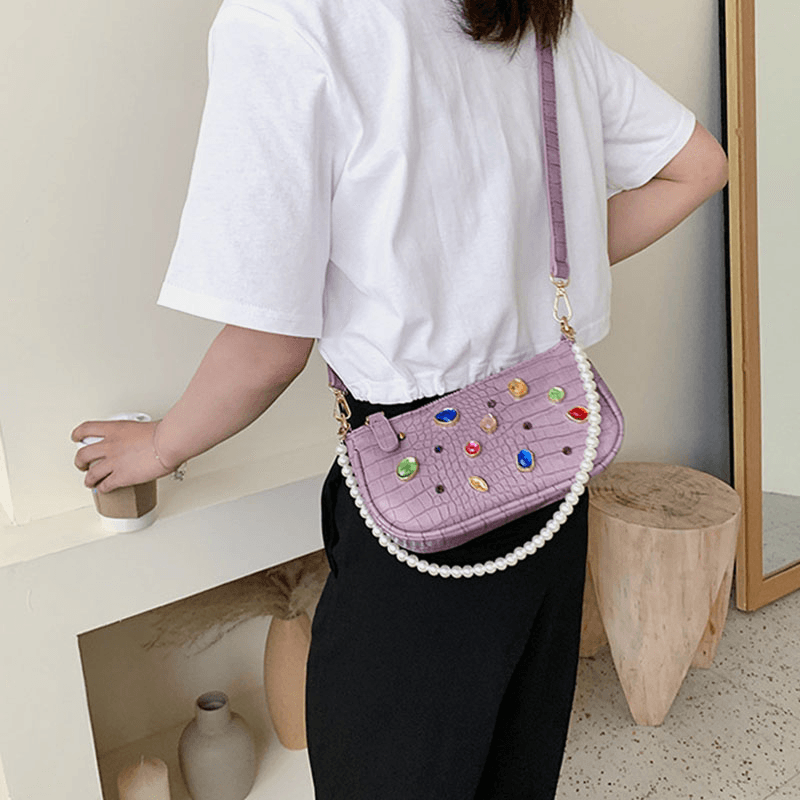 Women Crocodile Pattern Gem Shoulder Bag Crossbody Bag - MRSLM