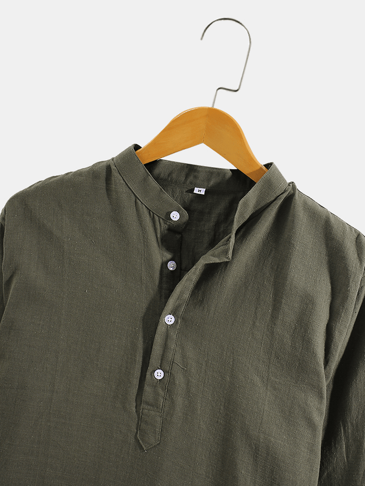 Mens Vintage Solid Color Long Sleeve High-Low Hem Henley Shirts - MRSLM