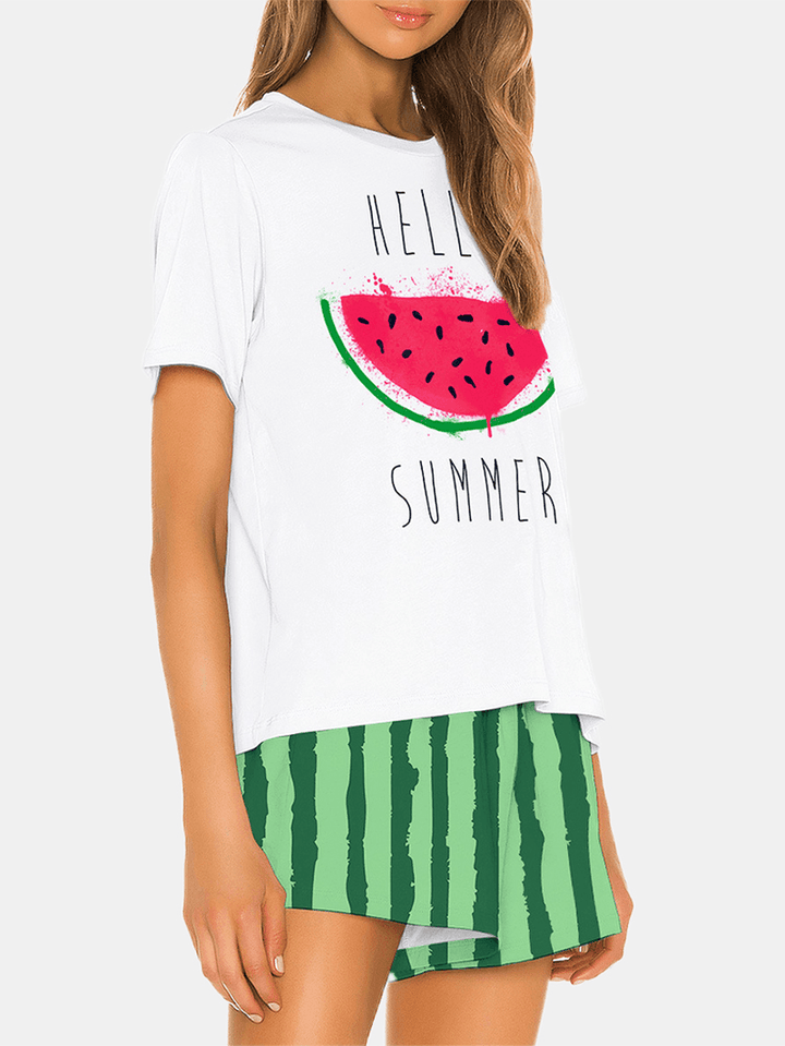 Women Watermelon Print Loose Short Sleeve Breathable Casual Pajama Set - MRSLM