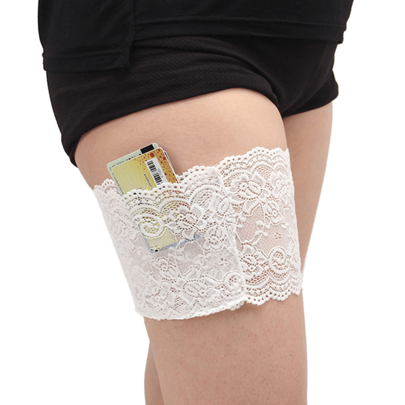 Women Lace Non Slip Sporting Phone Card Thigh Pocket Casual Boot Cuffs Leg Pocket - MRSLM