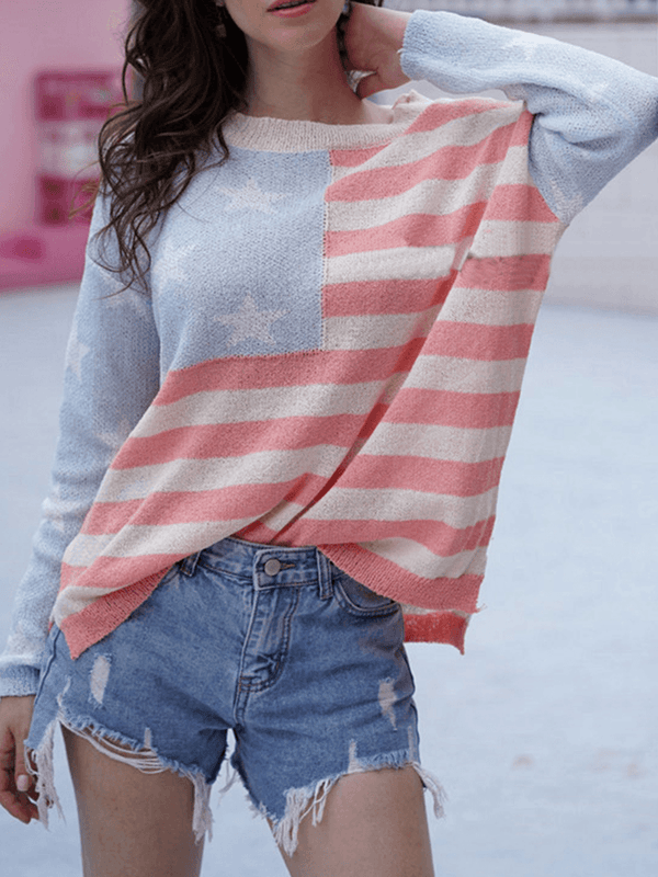 Chic Print Stripe Patch Long Sleeve Crew Neck Sweaters - MRSLM