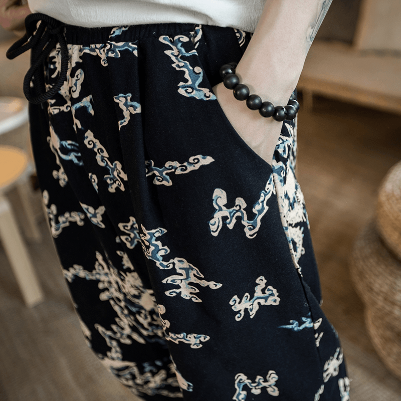 Mens Summer Chinese Style Linen Printing Calf Pants - MRSLM
