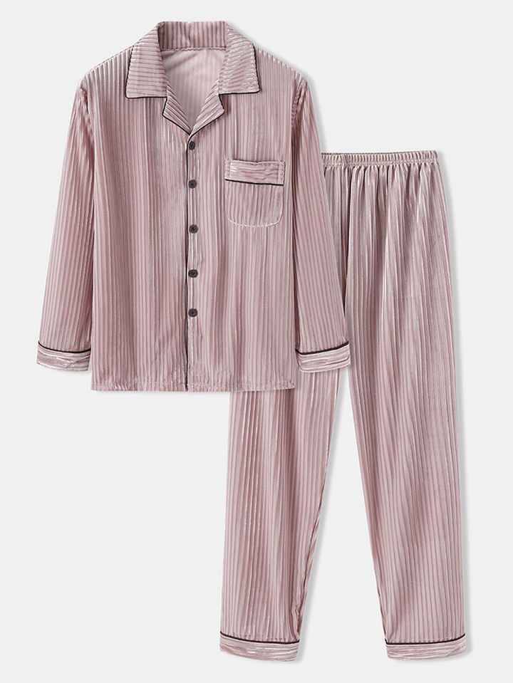 Mens Coral Fleece Lapel Button up Long Sleeve Loose Pants Two-Piece Home Warm Pajamas Set - MRSLM