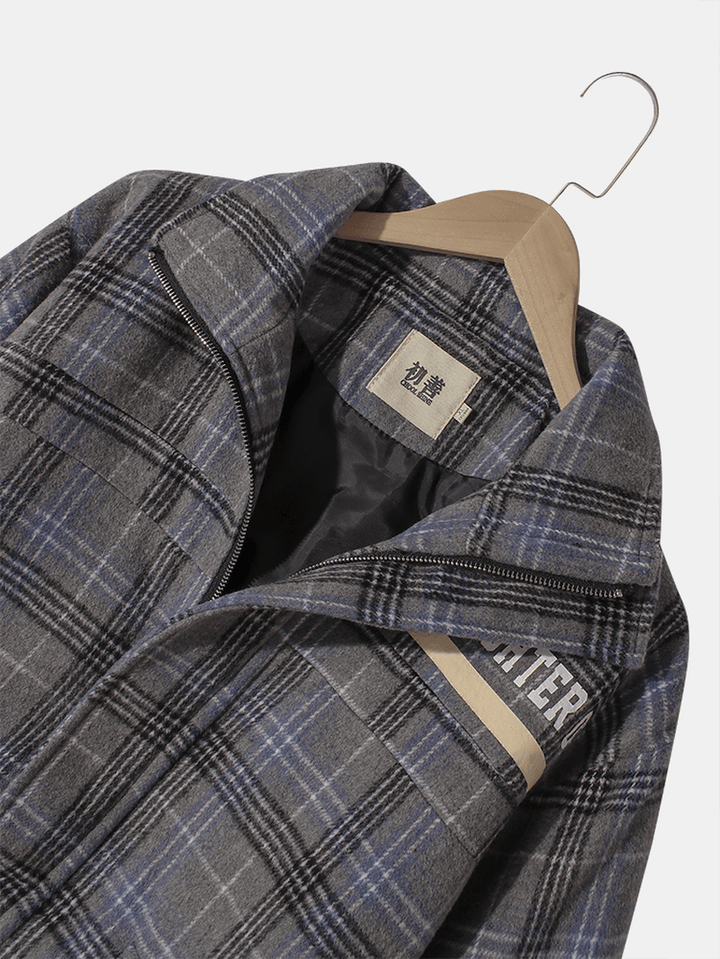 Mens Letter Print Plaid Zipper Warm Long Sleeve Jacket with Pocket - MRSLM