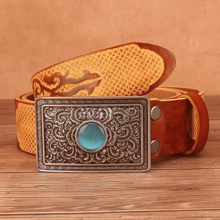 Ethnic Style Carved Leather Belt Head Layer Cowhide Personality Smooth Buckle - MRSLM