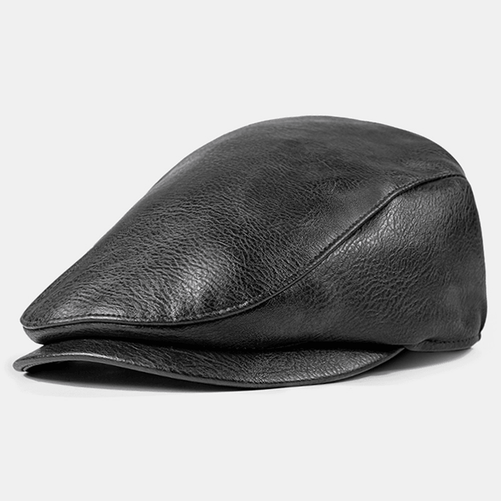 Men PU Leather Solid Color Absorb Sweat Breathable Beret Flat Cap Casual Warmth Newsboy Hat Forward Hat - MRSLM