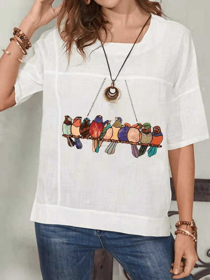 Birds Print Half Sleeve O-Neck Vintage T-Shirt for Women - MRSLM