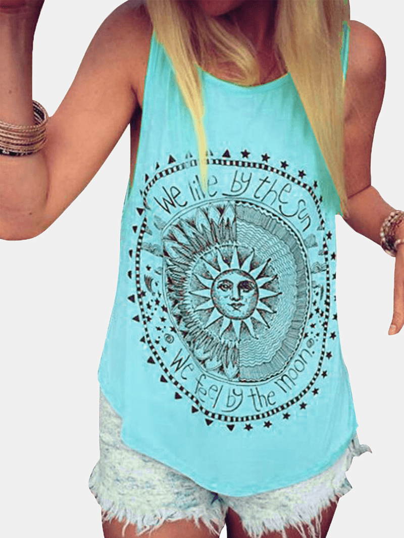 Disk Letter Print round Neck Loose Summer Casual Tank Tops - MRSLM