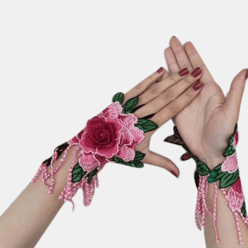Women Ethnic Embroidery Hallow Wristband Fashion Floral Half Cover Finger Tassel Gloves - MRSLM