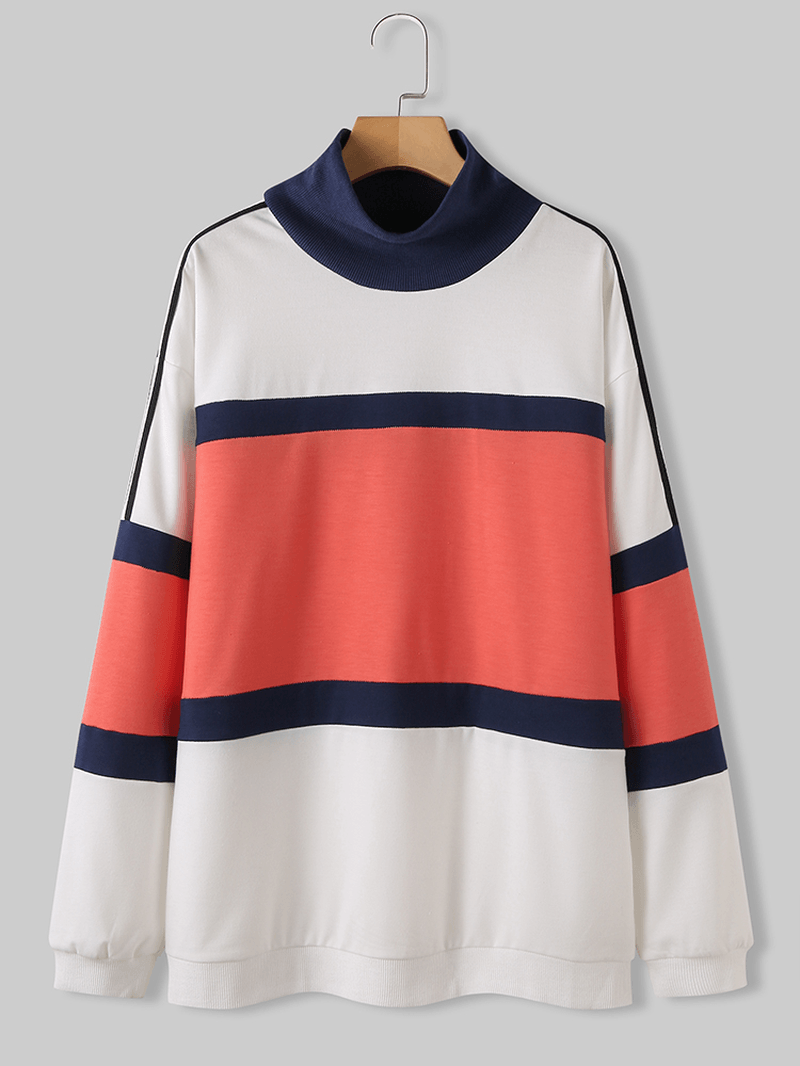 Women Patchwork Color High Neck Pullover Long Sleeve Sweatshirts - MRSLM