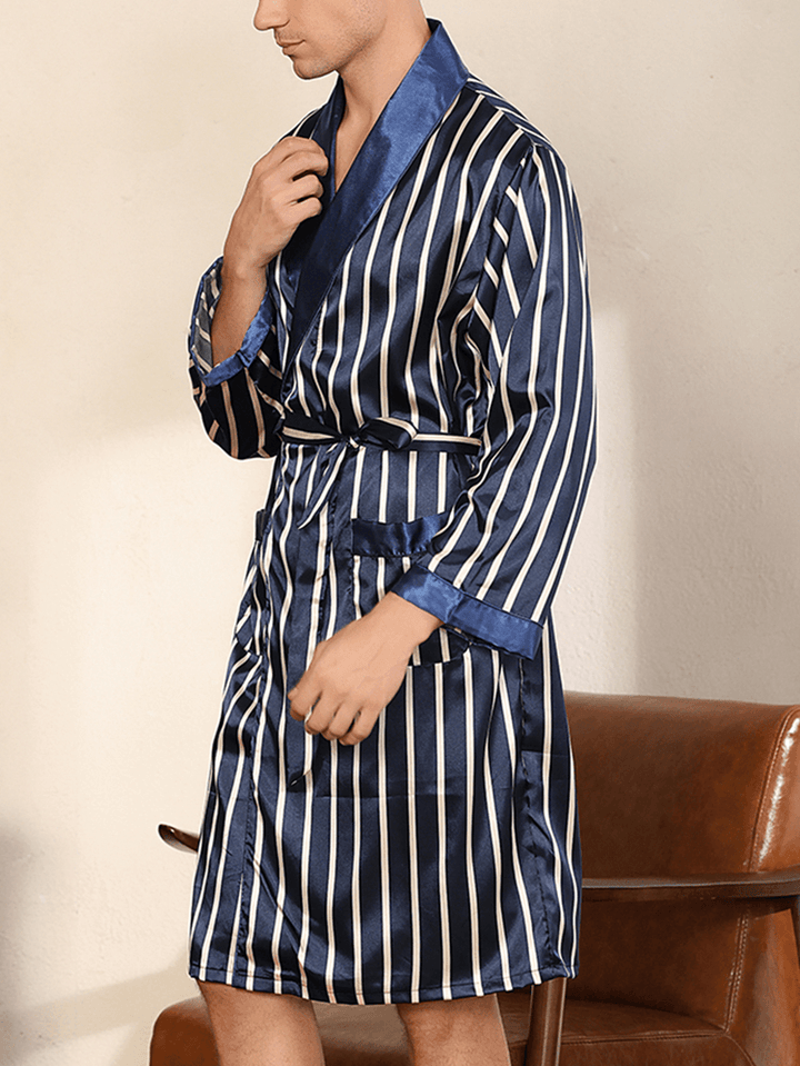 Mens Striped Lapel Double Pocket Robe & Shorts Two Piece Home Cozy Robe Pajama Set with Sashes - MRSLM