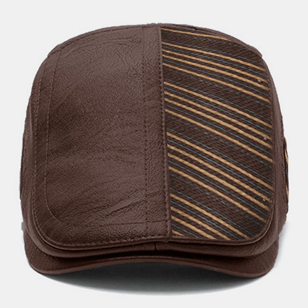 Men PU Leather Knit Stitching Stripe Pattern Berets Retro Adjustable Warm Forward Cap Peaked Cap - MRSLM
