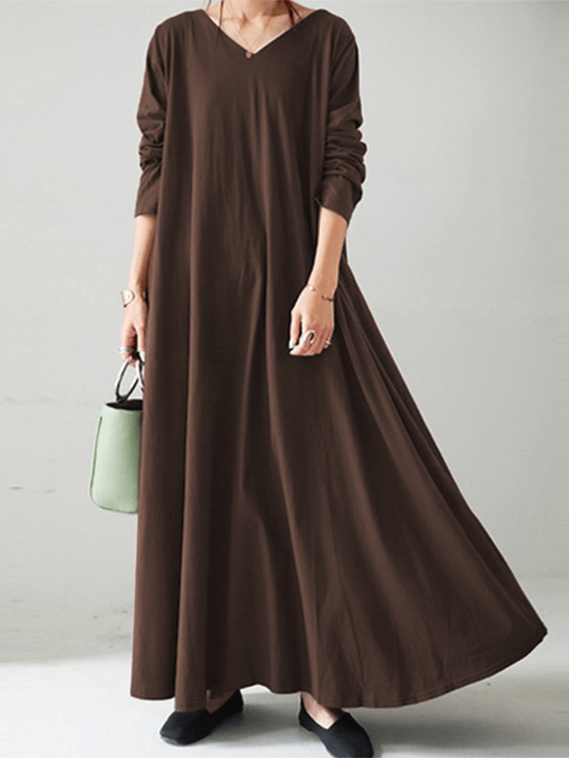 Women Casual Solid Color V-Neck Loose Long Sleeve Swing Maxi Dress - MRSLM
