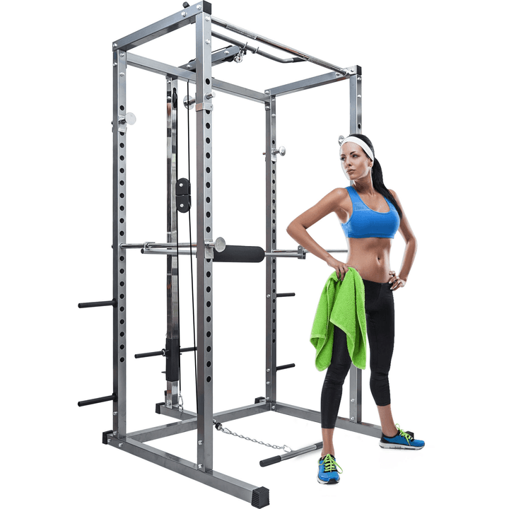 [US Direct] BOMINFIT Multi-Function Power Cage Power Tower 17.5-68'' High Adjustable Dipping Station Barbell Stand Squat Cage for Weight Training Max Loading 800Lbs - MRSLM