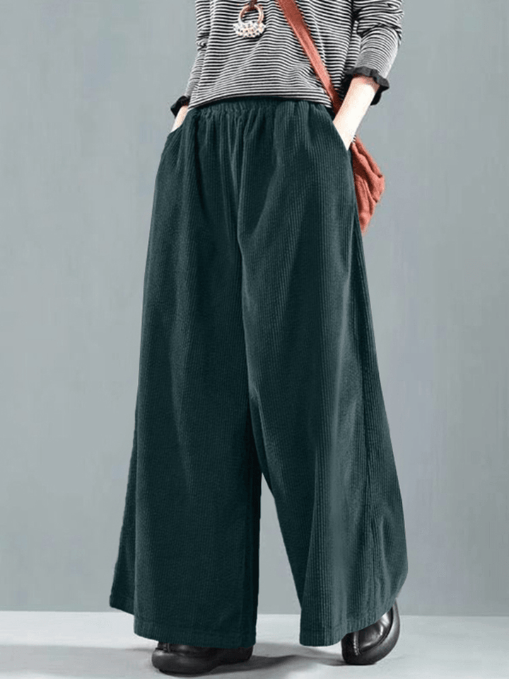 Women Wide Leg Corduroy Casual Solid Elastic Waist Loose Pants with Side Pocket - MRSLM