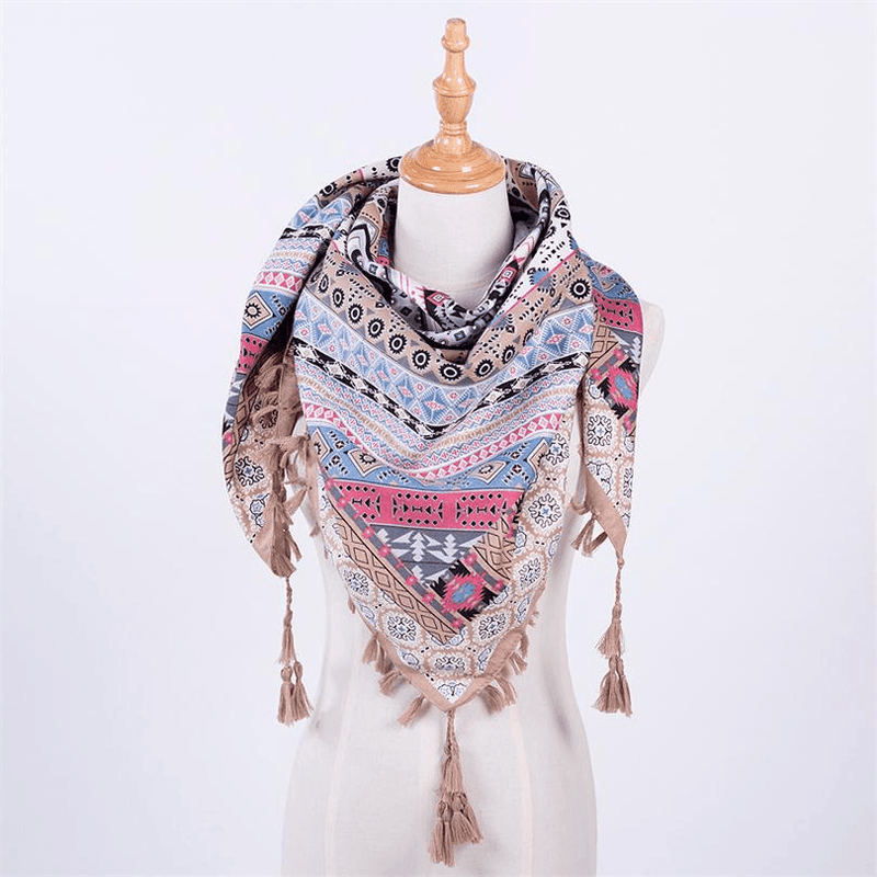 ethnic style fringed square scarf, view 3 - MRSLM