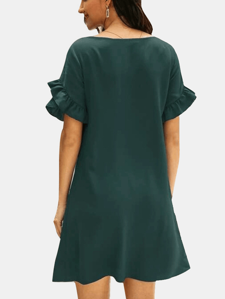 Solid Causal V-Neck Short Ruffled Sleeve Dress for Women - MRSLM
