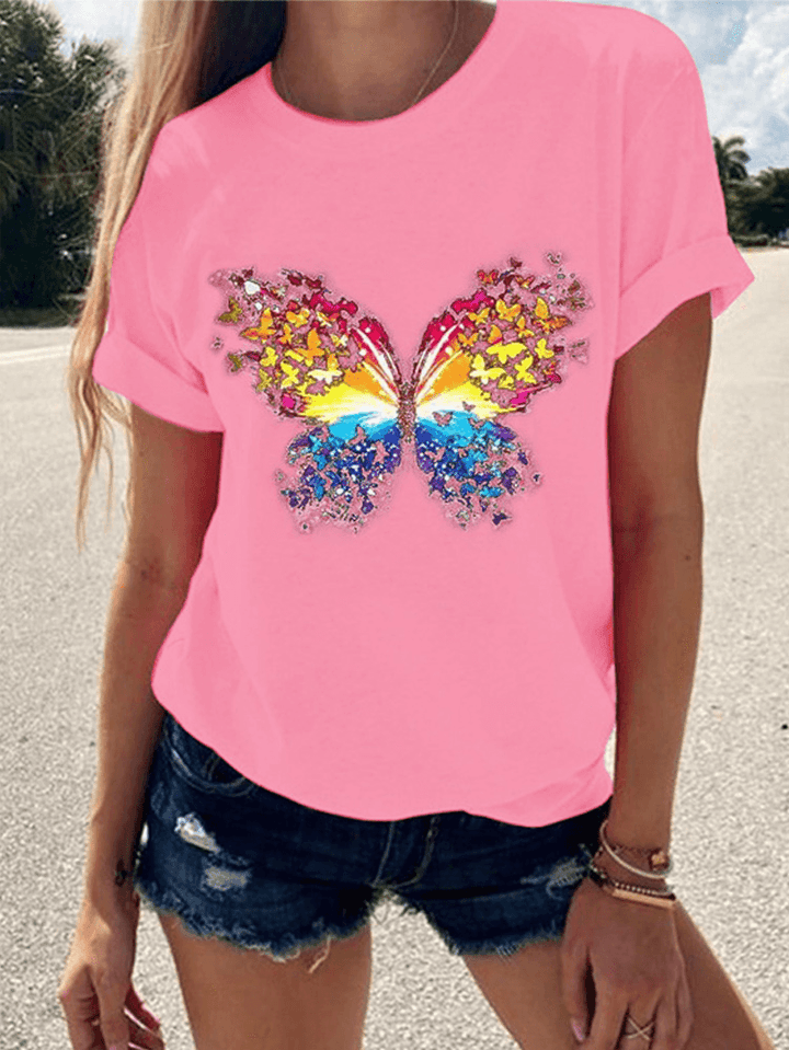 Butterfly Print round Neck Short Sleeve Summer Wild Casual T-Shirts - MRSLM