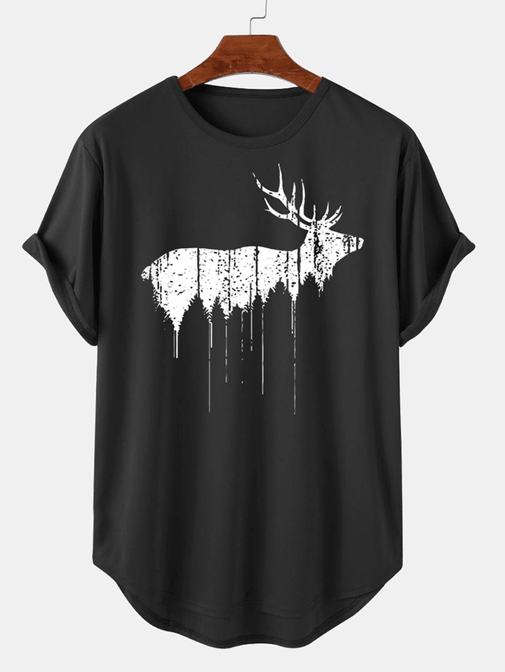 Christmas Mens Design Elk Print Curved Hem Short Sleeve T-Shirts - MRSLM