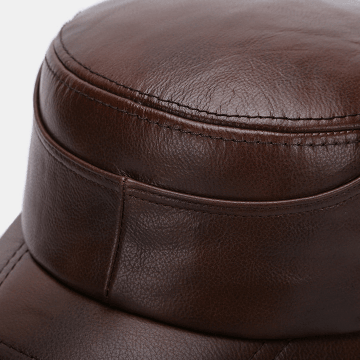 Men First Layer Cowhide Sweat-Absorbent Breathable Flat Top Hat Military Cap Cadet Army Caps - MRSLM