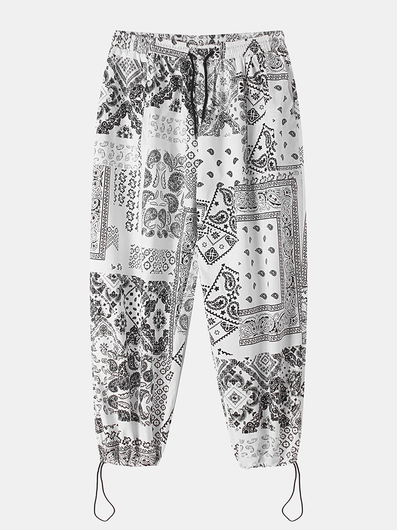 Mens Paisley Ethnic Print Cotton Relaxed Fit Drawstring Cuff Pants - MRSLM