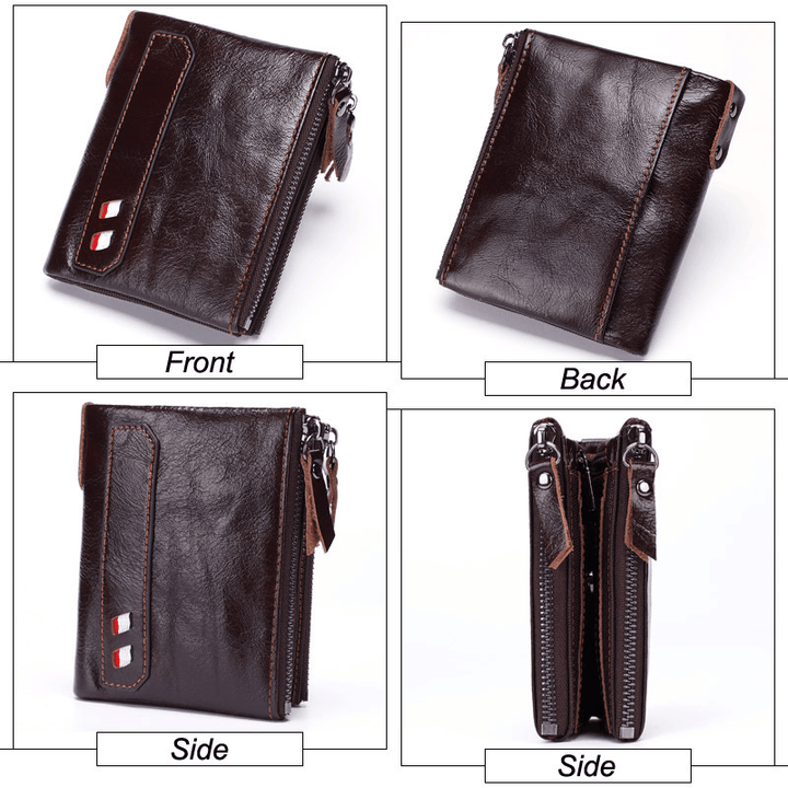 Men Genuine Leather Double Zipper Retro Business Short Hand Carry Card Holder Wallet - MRSLM