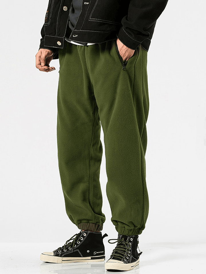 Mens Fleece Solid Color Drawstring Thick Plush Jogger Pants - MRSLM
