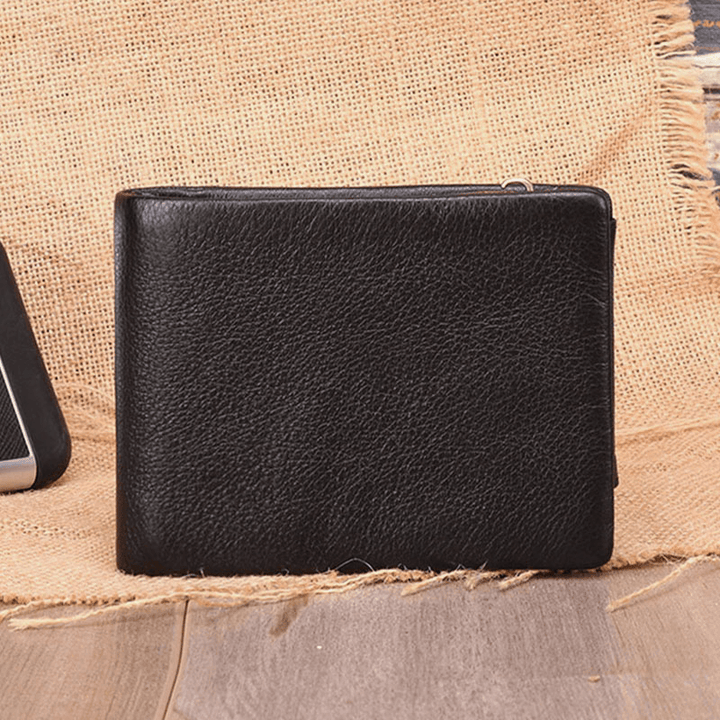 Men Genuine Leather Vinatge RFID Blocking Anti-Theft Wallet Card Holder Zipper Coin Bag - MRSLM