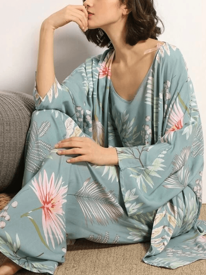 Women Leaves Print Sling Wide Leg Pants Home Cozy Pajamas with Open Front Robe - MRSLM