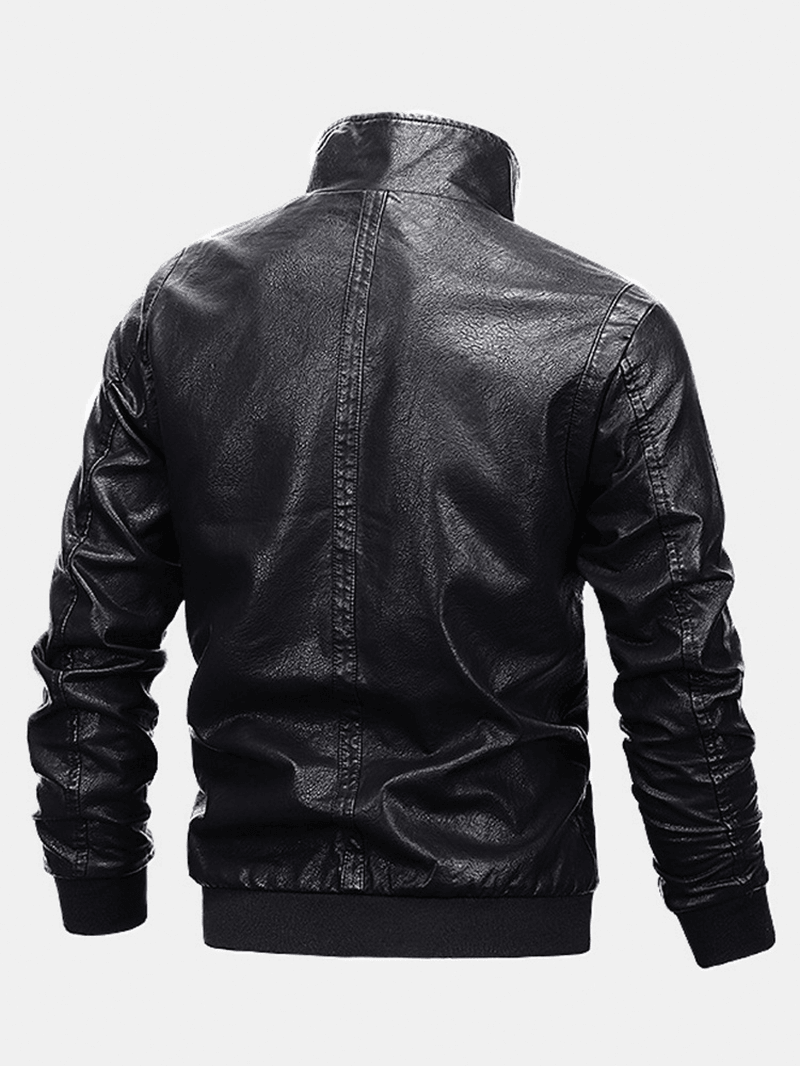 Mens Basic Zipper Stand Collar Casual Relaxed Fit PU Leather Biker Jacket - MRSLM
