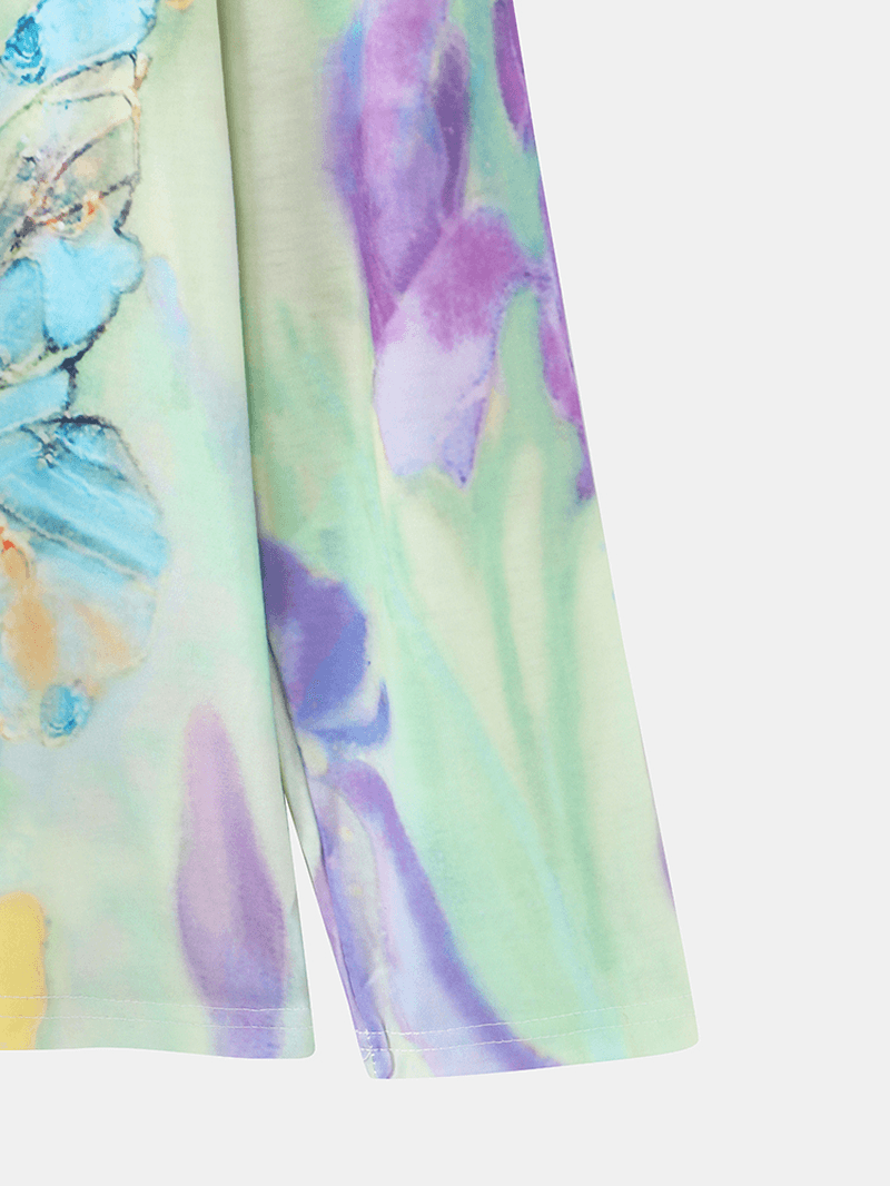 Women Multi-Color Floral Butterflies Print V-Neck Long Sleeve Casual Blouse - MRSLM