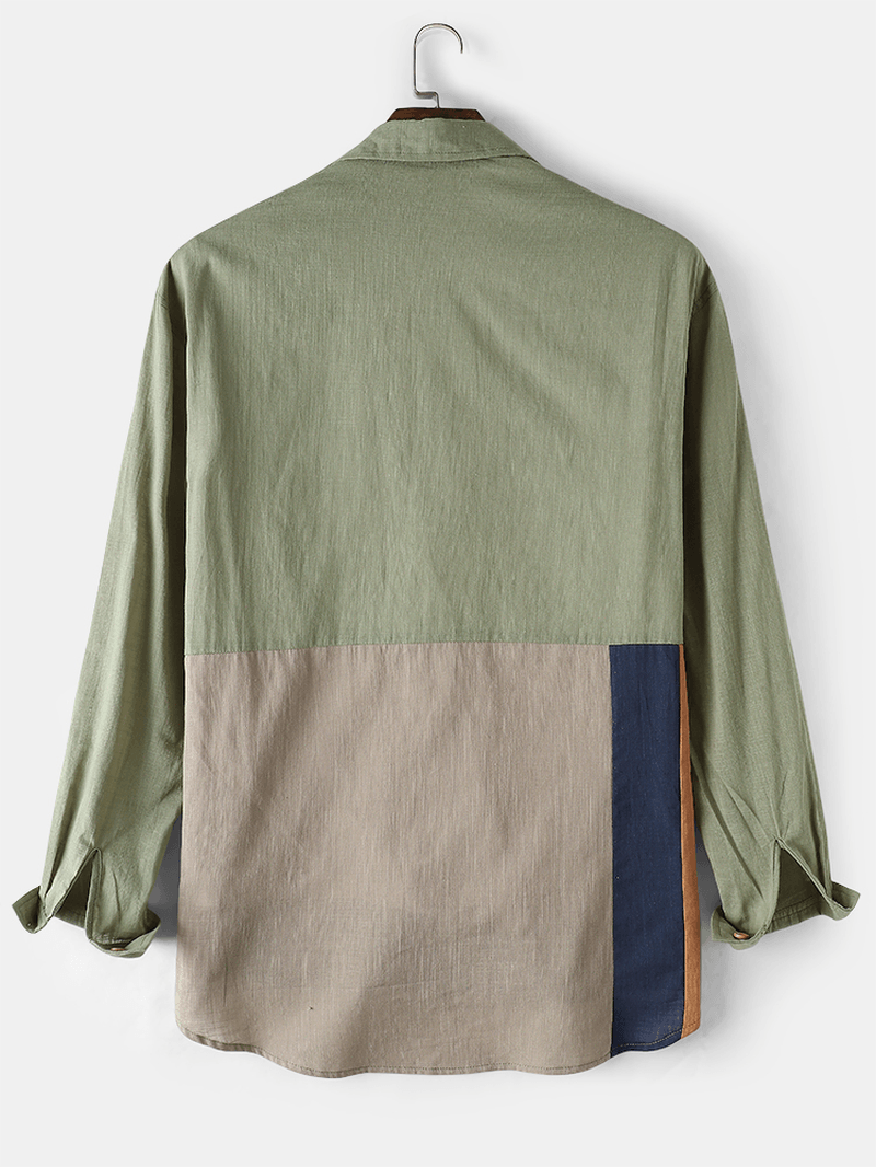 Design Mens Patchwork Pocket Lapel Stitching Hem Long Sleeve 100%Cotton Shirts - MRSLM