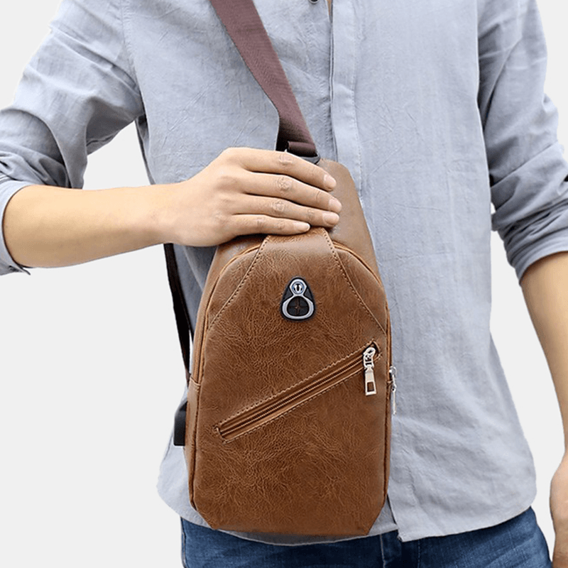 Men PU Leather Retro Business Chest Bag with USB Charging Youth Leather Shoulder Bag Cross Body Bag - MRSLM