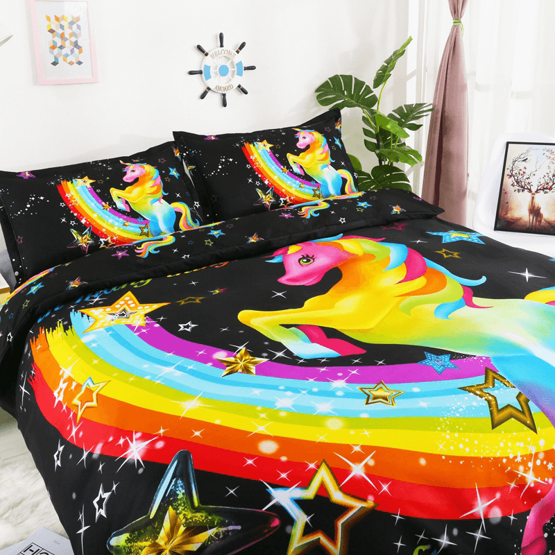 3 PCS Bedding Sets 3D Animal Unicorn Printing Quilt Cover Pillowcase for Queen Size - MRSLM