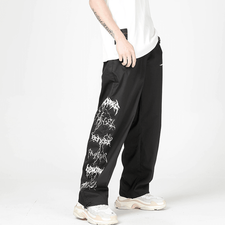 Japanese Street Print Straight Trousers Men'S Drawstring Elastic Waist Drawstring Wide-Leg Pants - MRSLM