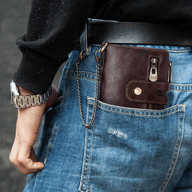Men Genuine Leather RFID Anti-Scanning Anti-Theft Zipper Wallet with Chain - MRSLM