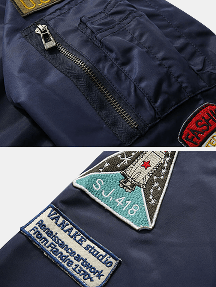 Mens Applique Vintage Solid Zipper up Bomber Jacket with Pocket - MRSLM