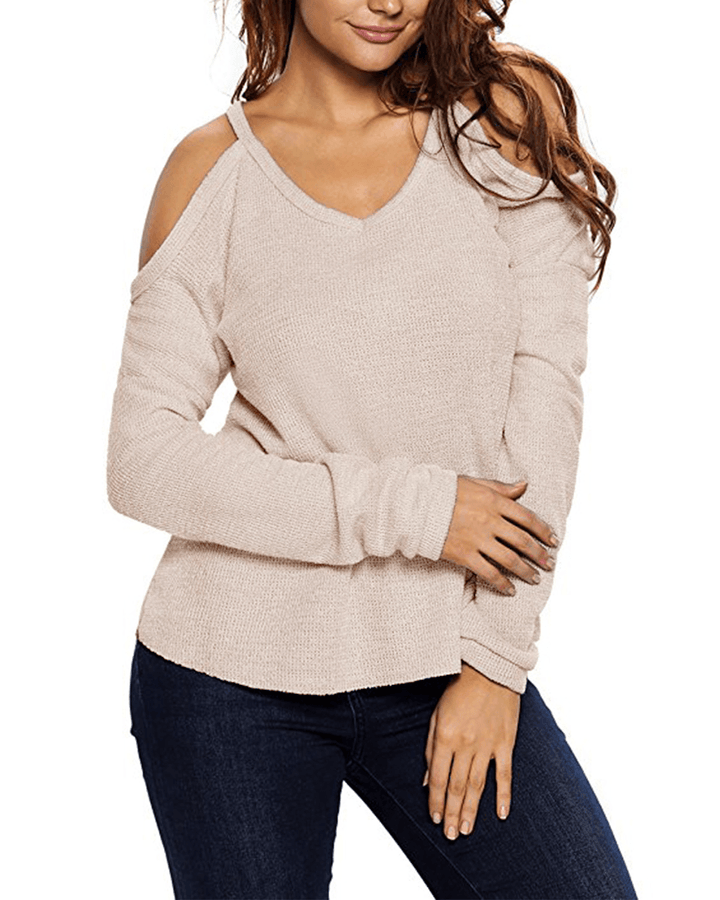 Women V Neck Pullover Cold Shoulder Long Sleeve Sweaters for Women - MRSLM