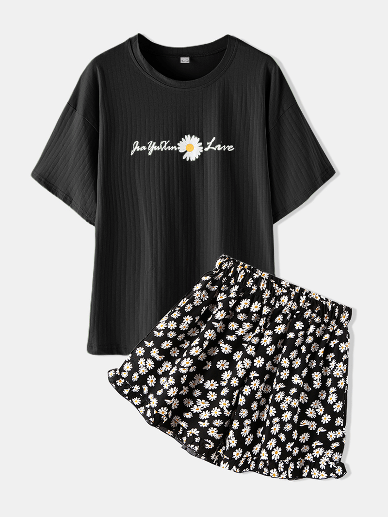 Women Daisy Letter Print Sleepwear Short Sleeve Losse Pajama Set - MRSLM